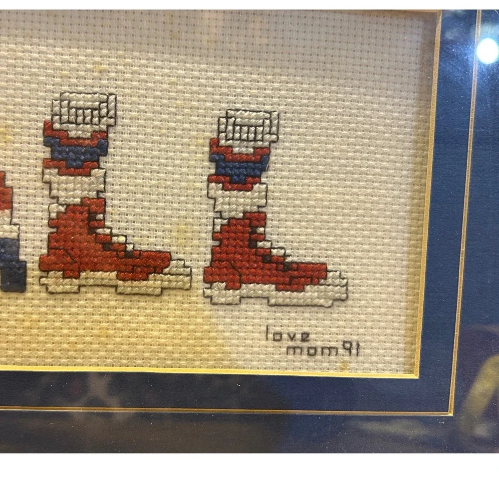 Handmade Basketball Cross Stitch Framed Art 16x8 Blue Red Wood 90s Vintage‎ Good